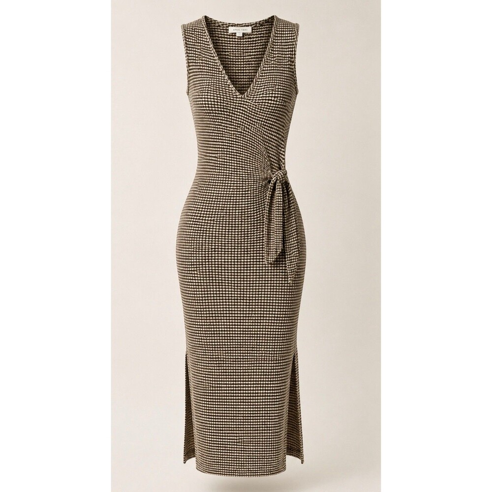 Amour Vert Faux Wrap Dress XS Brown Knit Gingham Houndstooth Earthy Preppy Chic